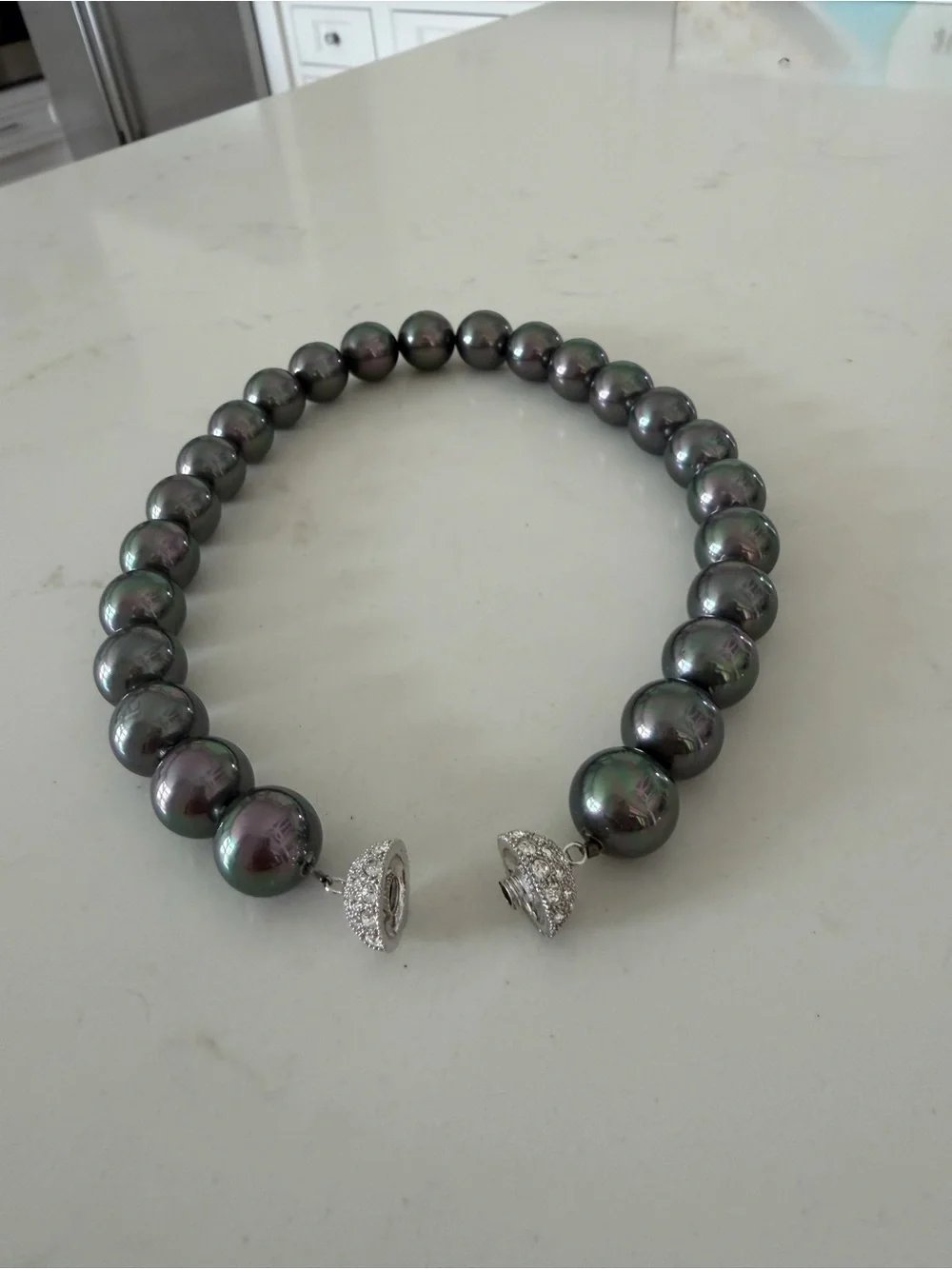 Lustrous Dark Charcoal Pearlescent Bead Necklace with Pavé Crystal Clasp